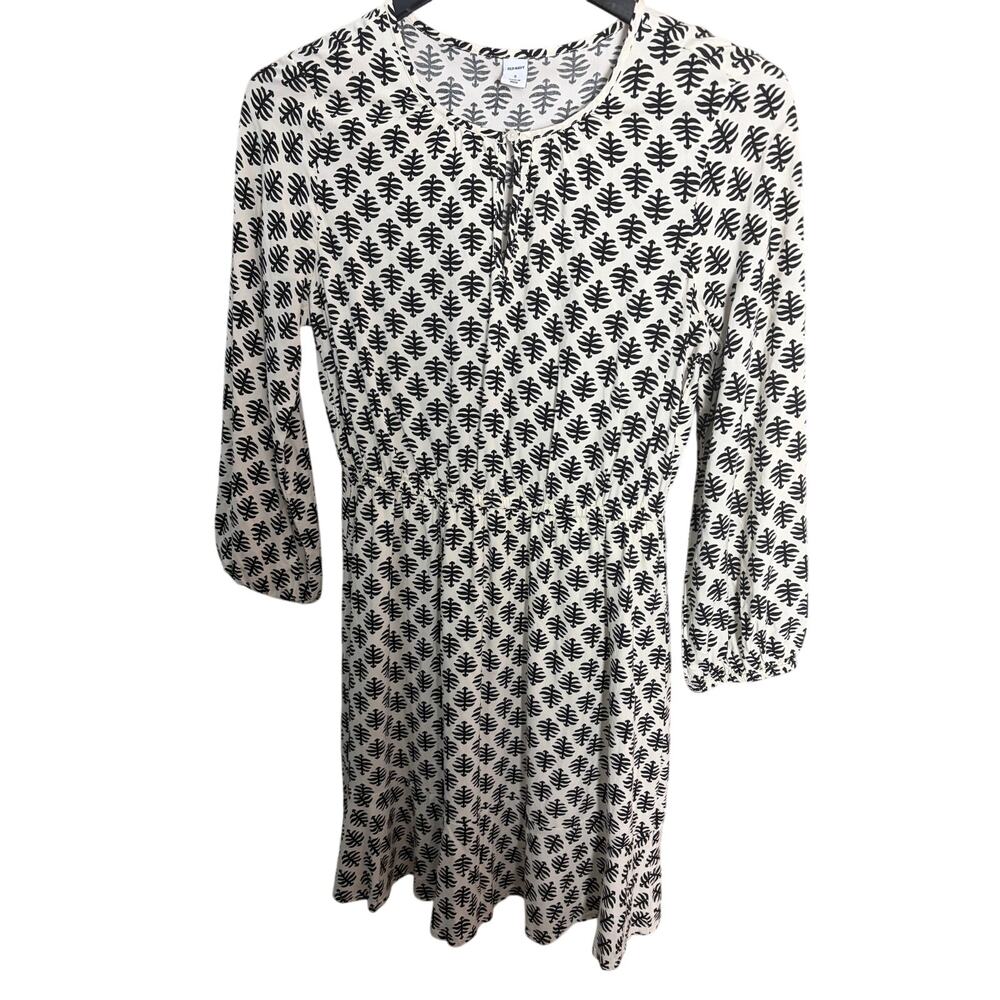 Old Navy Black White Leaf Print Mini Dress Women's Small Boho Long Sleeve